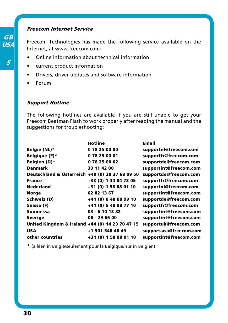 Freecom internet service, Support hotline, 30 gb usa 5 | Freecom Technologies Flash MP3 User Manual | Page 30 / 32