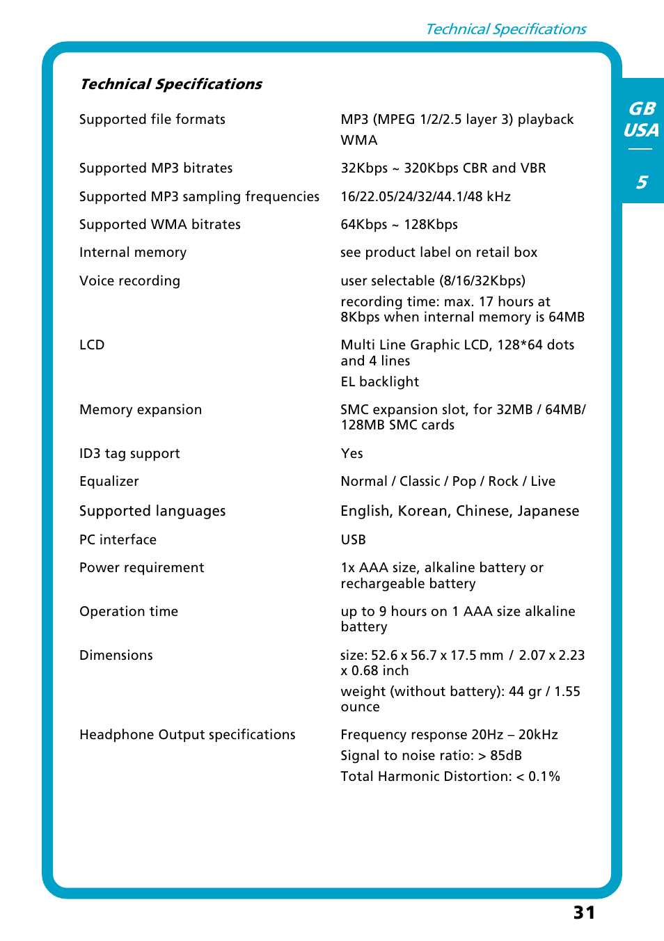 Technical specifications, 31 gb usa 5 | Freecom Technologies Flash MP3 User Manual | Page 31 / 32
