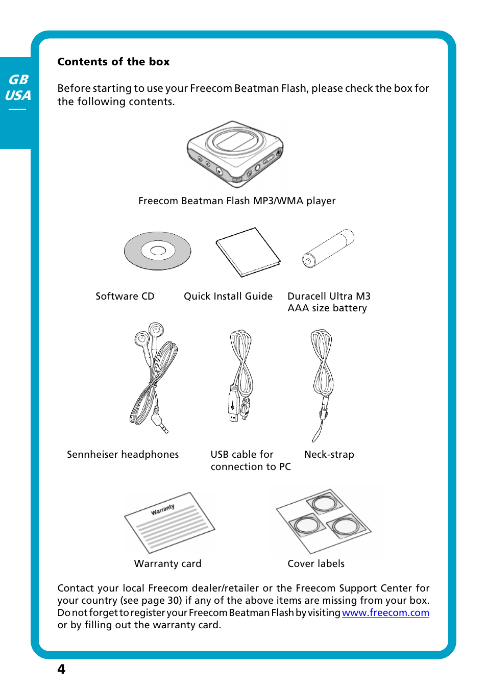 Contents of the box, 4gb usa | Freecom Technologies Flash MP3 User Manual | Page 4 / 32