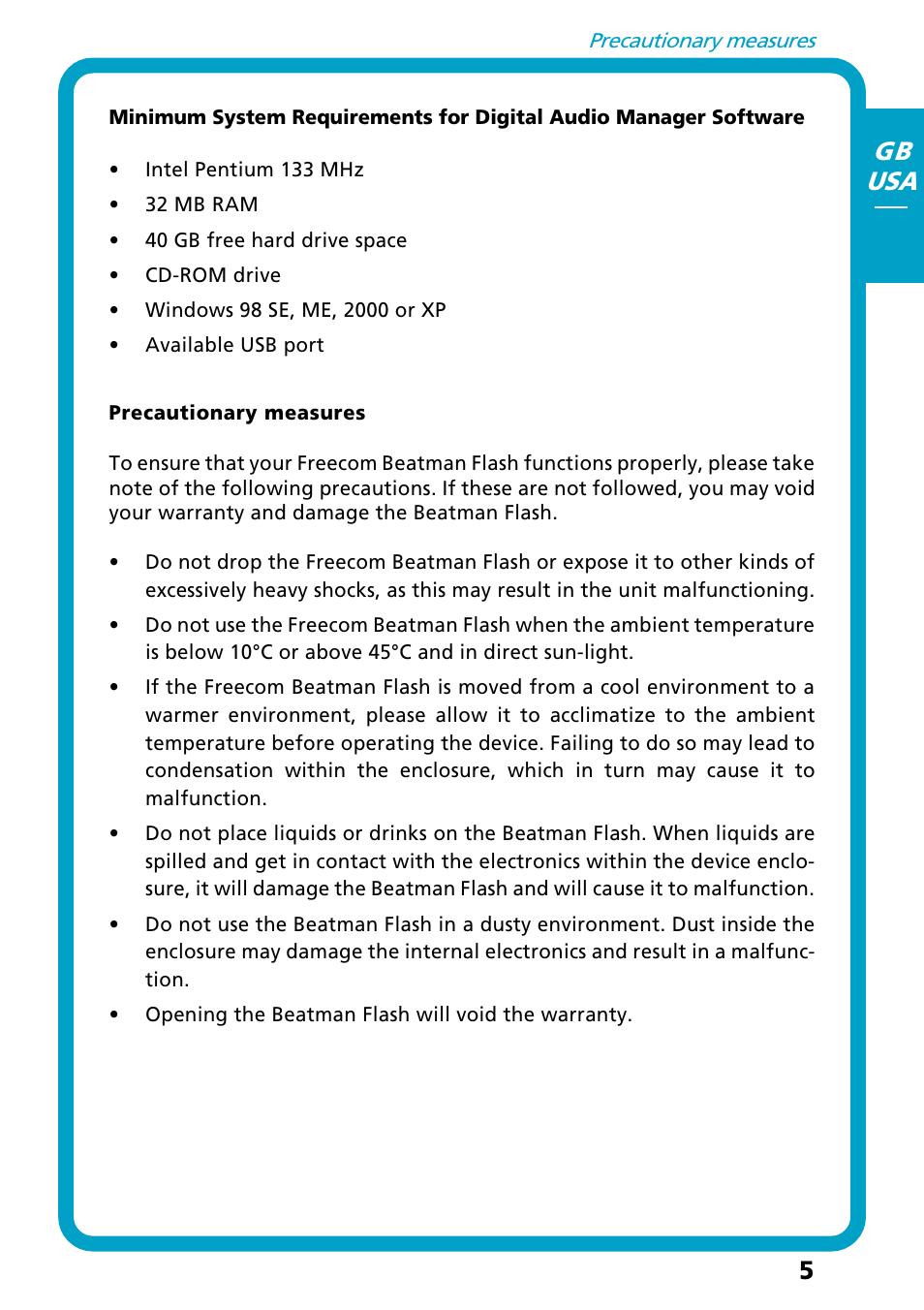 Precautionary measures, 5gb usa | Freecom Technologies Flash MP3 User Manual | Page 5 / 32