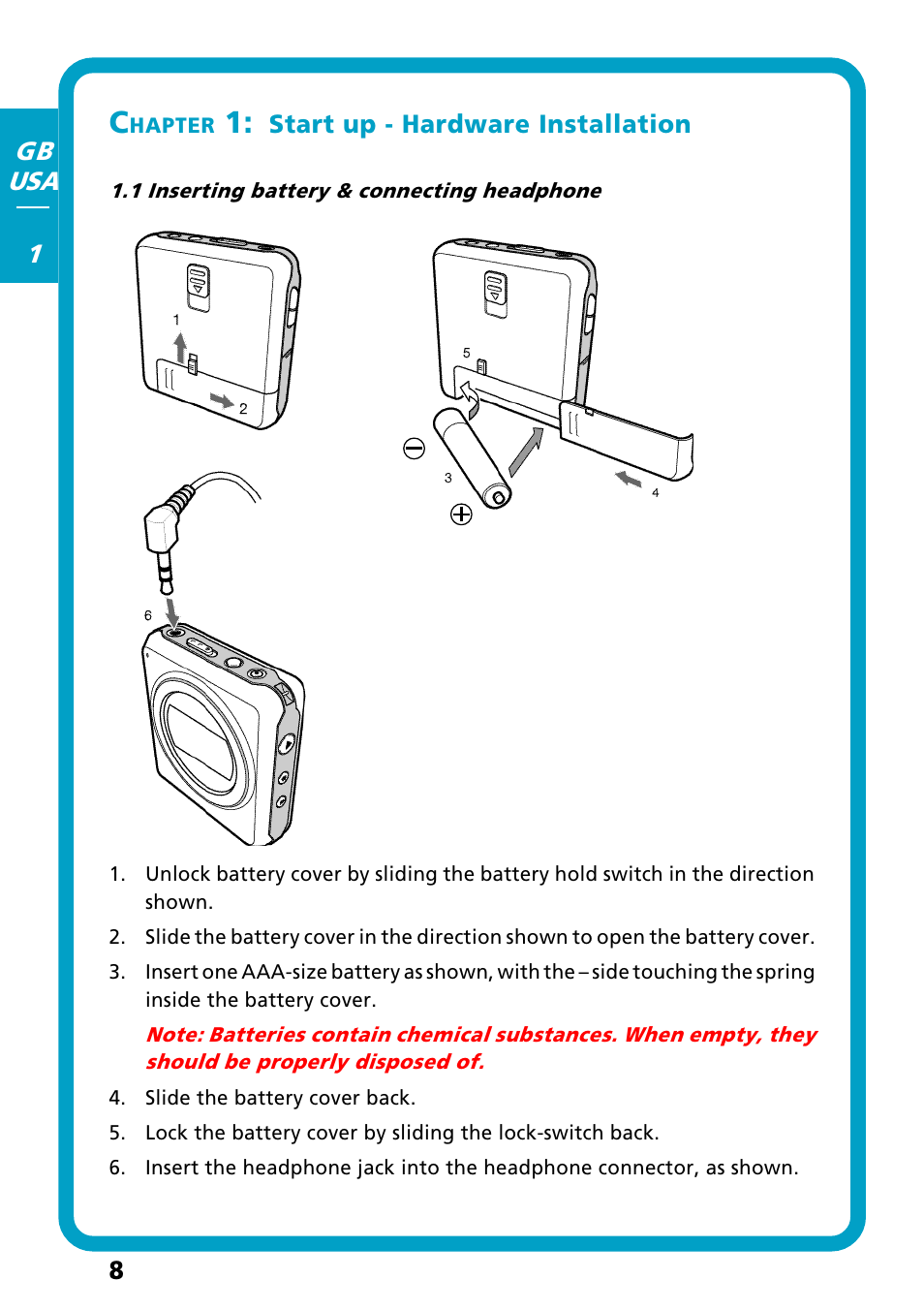 Chapter 1: start up - hardware installation, 1 inserting battery & connecting headphone | Freecom Technologies Flash MP3 User Manual | Page 8 / 32