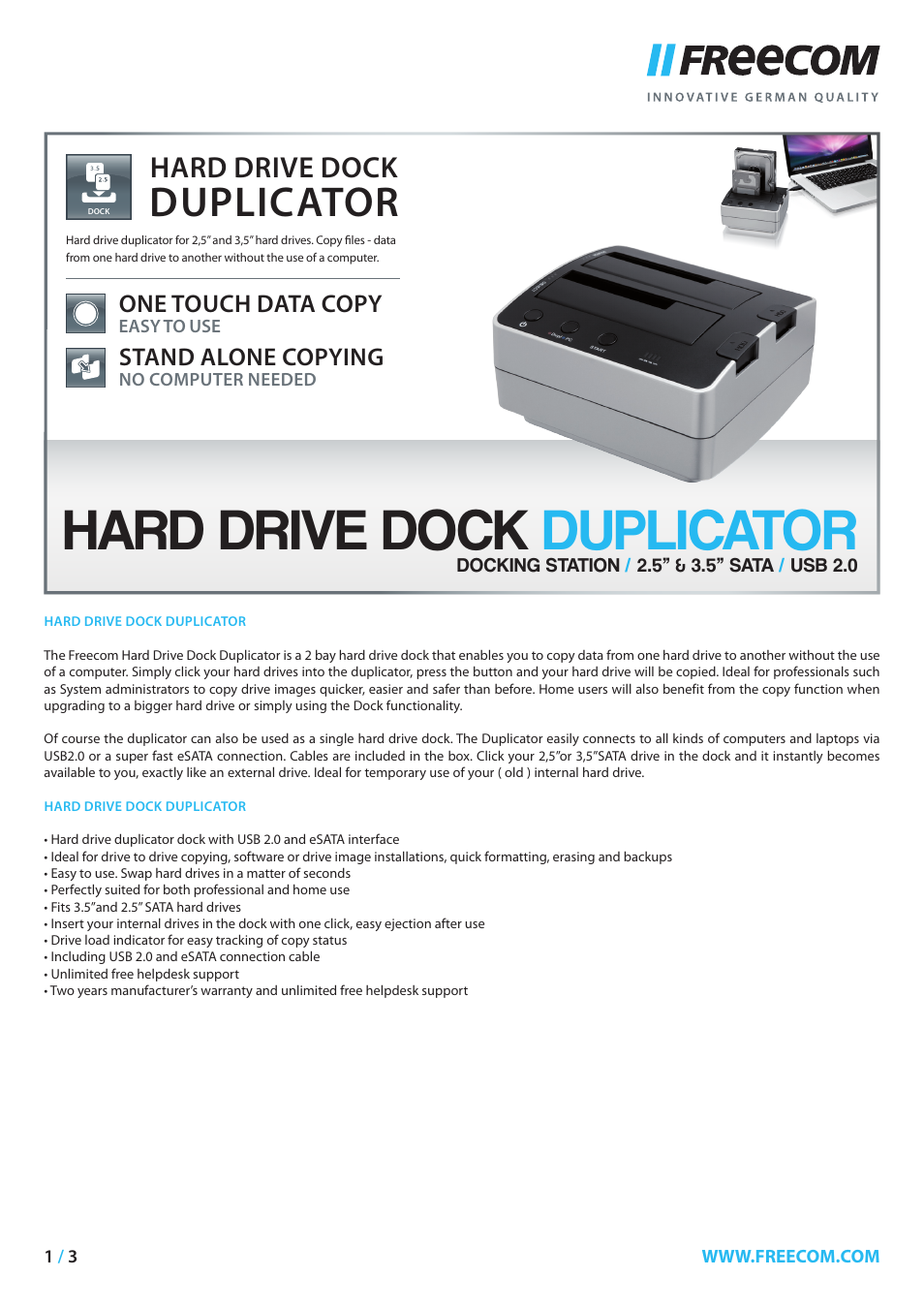 Freecom Technologies Hard Drive Dock Duplicator User Manual | 3 pages