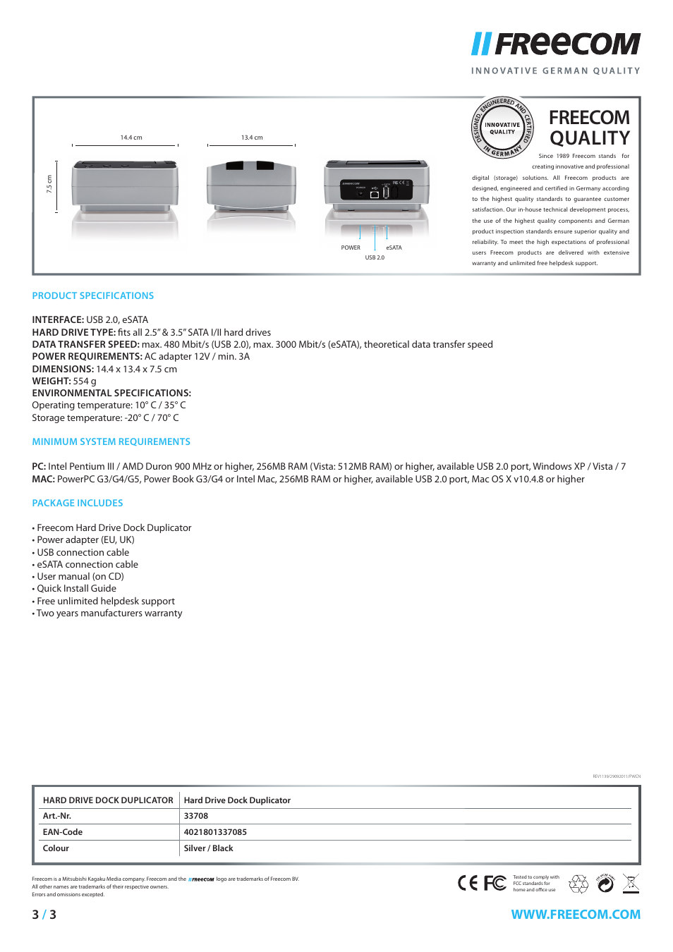 Freecom quality | Freecom Technologies Hard Drive Dock Duplicator User Manual | Page 3 / 3