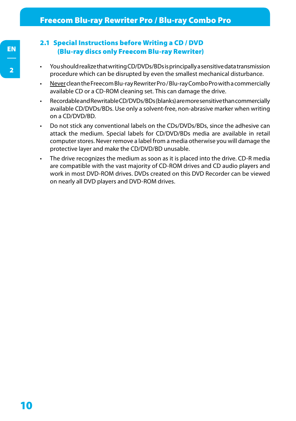 Freecom blu-ray rewriter pro / blu-ray combo pro | Freecom Technologies WSXGA 220AW8FB User Manual | Page 10 / 14