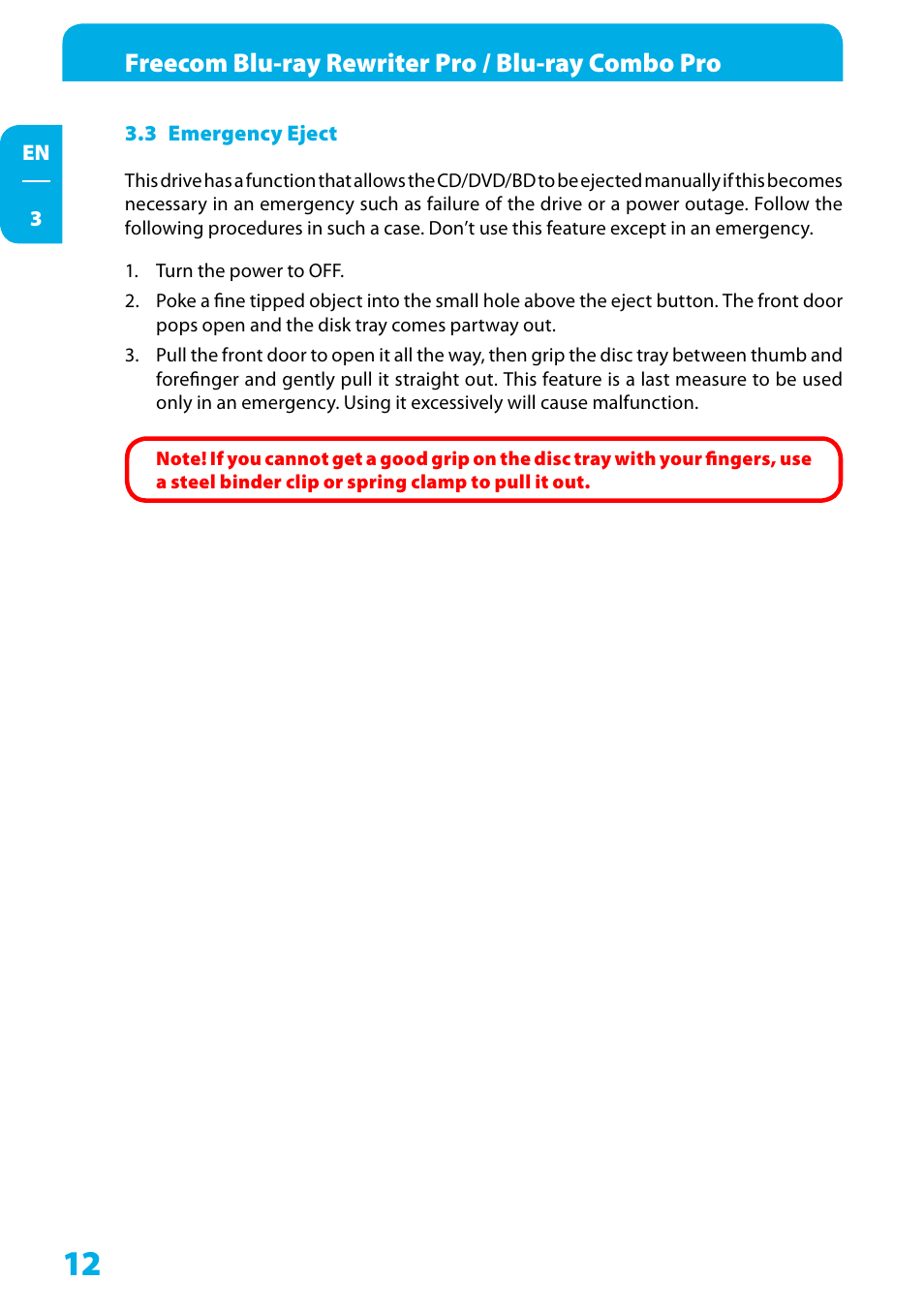 3 emergency eject, Freecom blu-ray rewriter pro / blu-ray combo pro | Freecom Technologies WSXGA 220AW8FB User Manual | Page 12 / 14