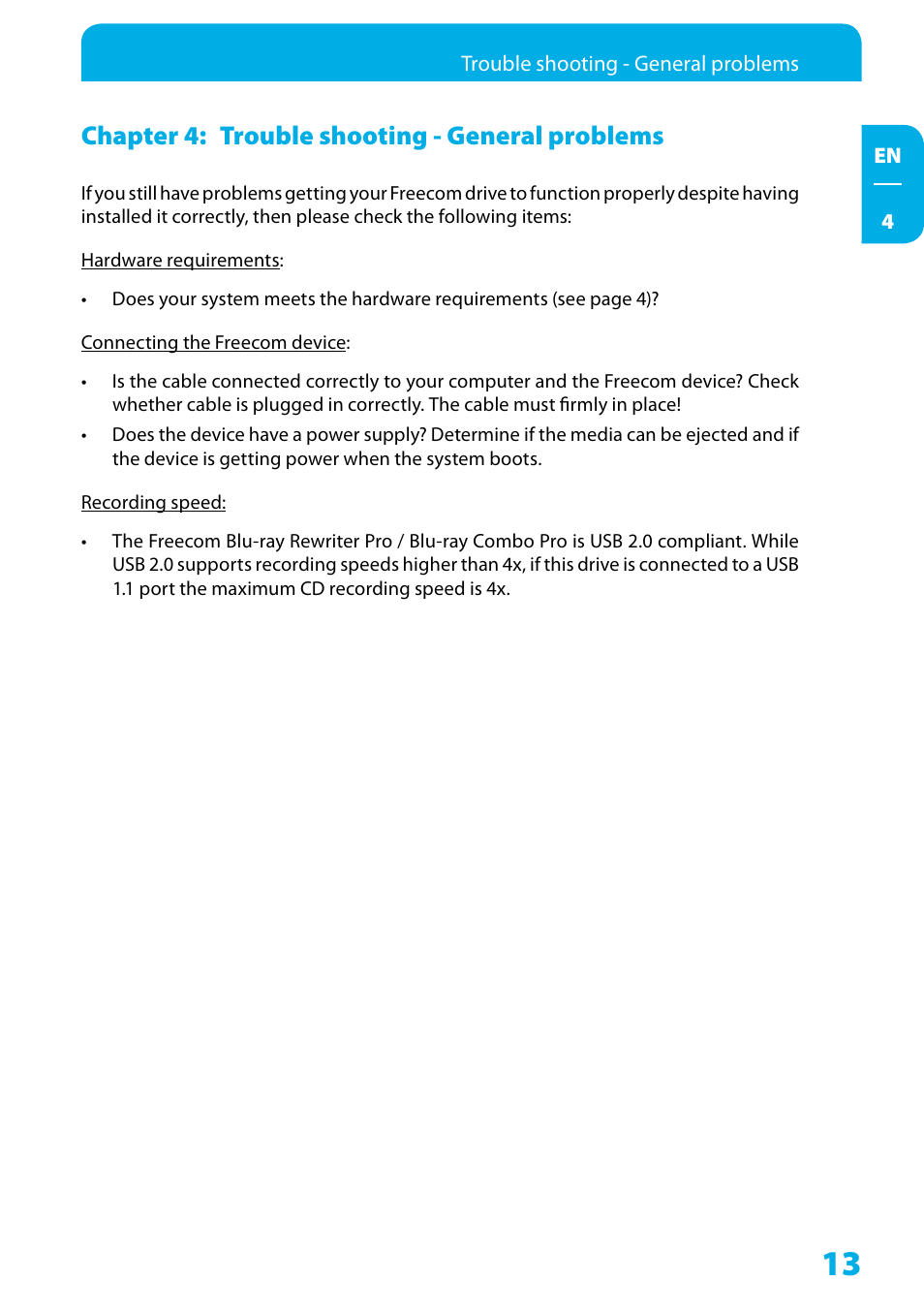 Chapter 4: trouble shooting - general problems | Freecom Technologies WSXGA 220AW8FB User Manual | Page 13 / 14
