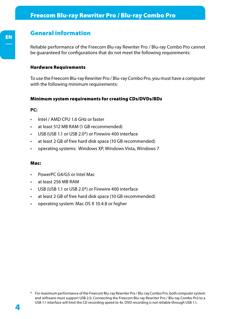 General information, Hardware requirements, Minimum system requirements for blu-ray playback | Freecom blu-ray rewriter pro / blu-ray combo pro | Freecom Technologies WSXGA 220AW8FB User Manual | Page 4 / 14