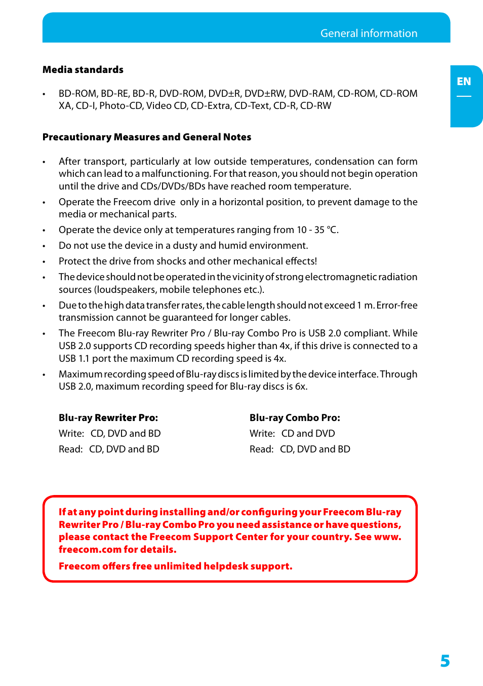 Media standards, Precautionary measures and general notes | Freecom Technologies WSXGA 220AW8FB User Manual | Page 5 / 14