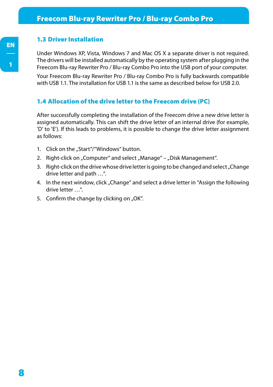 3 driver installation, Freecom blu-ray rewriter pro / blu-ray combo pro | Freecom Technologies WSXGA 220AW8FB User Manual | Page 8 / 14