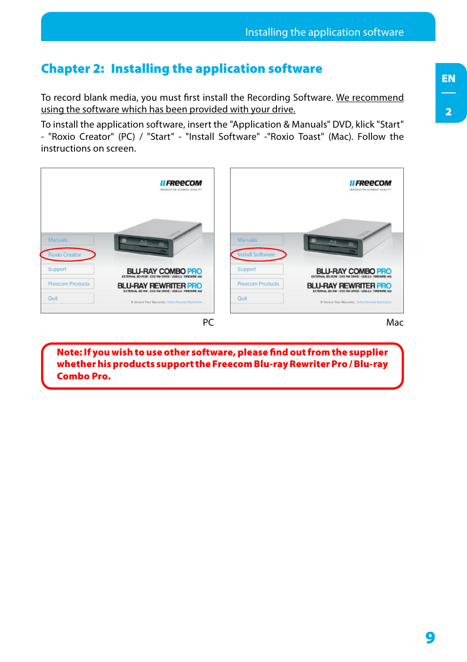 Chapter 2: installing the application software, Chapter : installing the application software | Freecom Technologies WSXGA 220AW8FB User Manual | Page 9 / 14