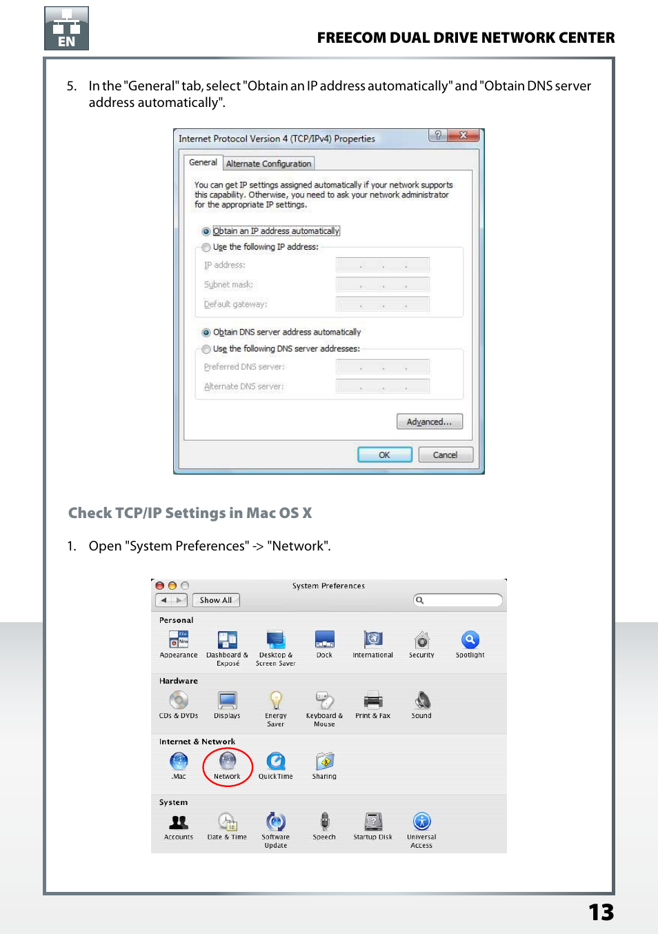 Check tcp/ip settings in mac os x | Freecom Technologies Dual Drive Network Center User Manual | Page 13 / 77