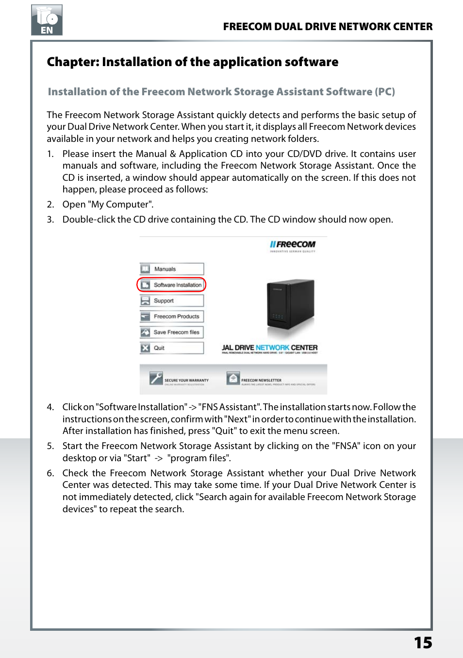 Chapter: installation of the application software | Freecom Technologies Dual Drive Network Center User Manual | Page 15 / 77