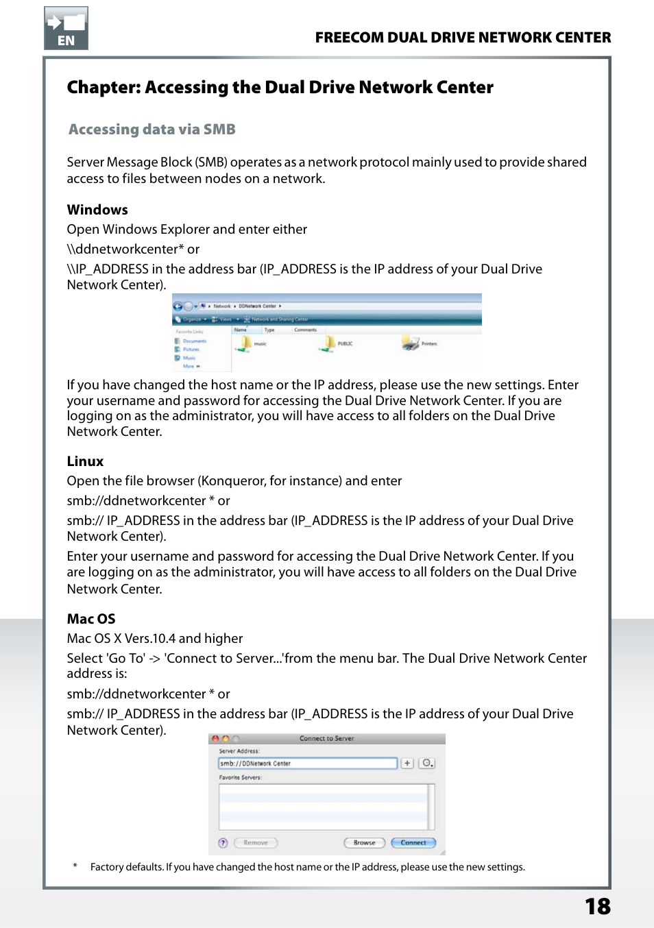 Chapter: accessing the dual drive network center, Accessing data via smb | Freecom Technologies Dual Drive Network Center User Manual | Page 18 / 77