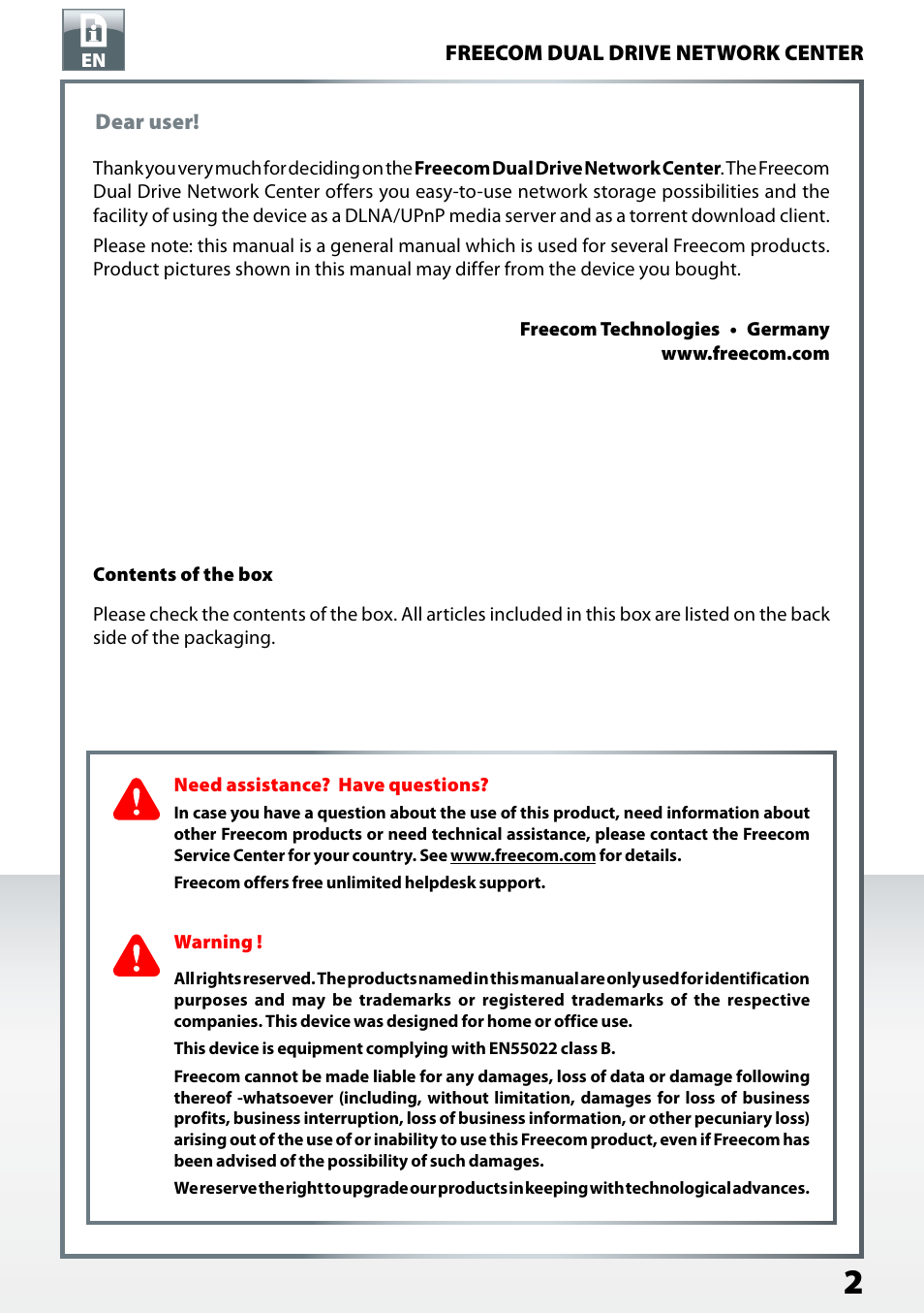 Dear user, Contents of the box, Need assistance? have questions | Warning | Freecom Technologies Dual Drive Network Center User Manual | Page 2 / 77