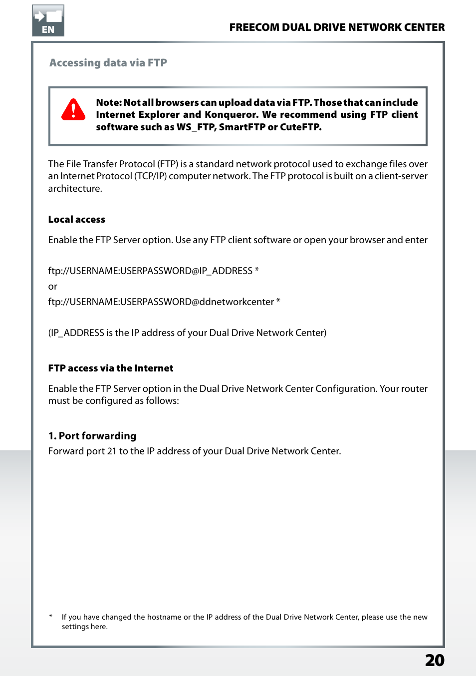 Accessing data via ftp, Local access, Ftp access via the internet | Freecom Technologies Dual Drive Network Center User Manual | Page 20 / 77