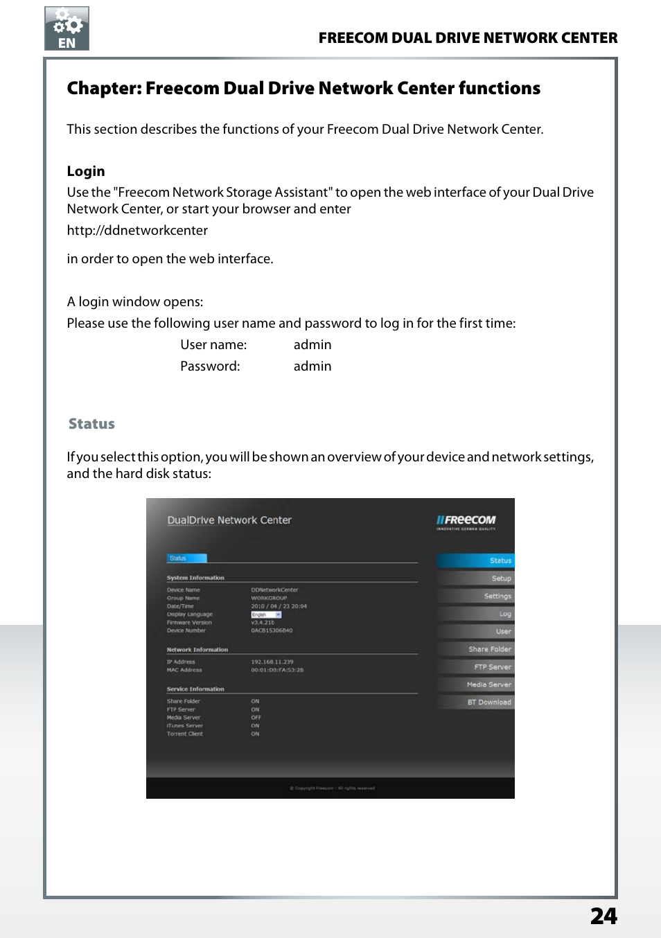 Status | Freecom Technologies Dual Drive Network Center User Manual | Page 24 / 77