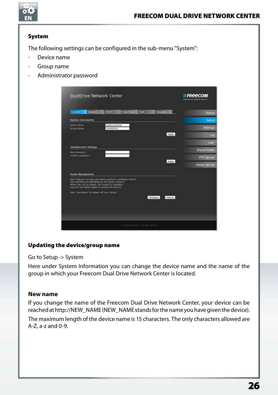 System, Updating the device/group name | Freecom Technologies Dual Drive Network Center User Manual | Page 26 / 77