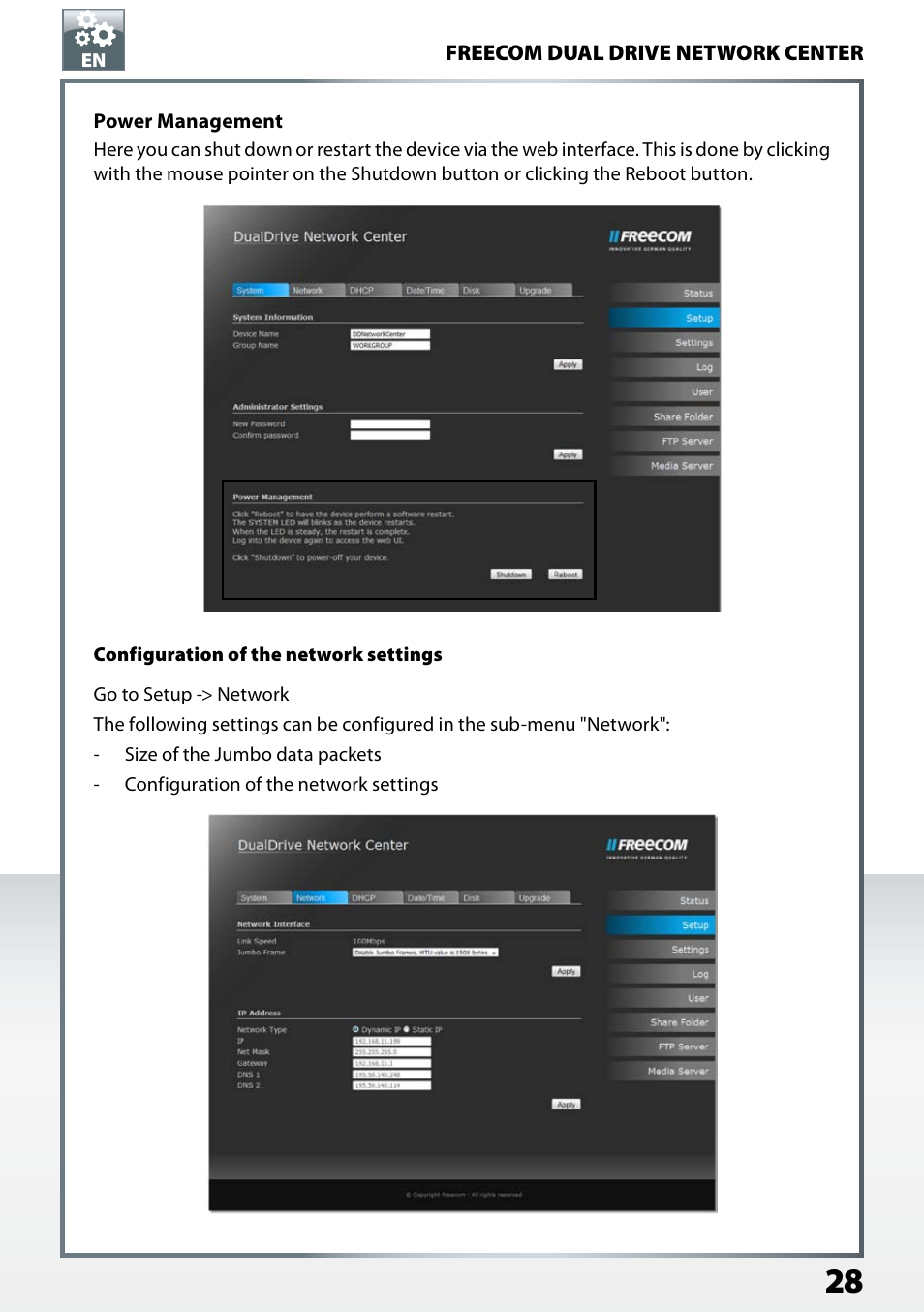Configuration of the network settings | Freecom Technologies Dual Drive Network Center User Manual | Page 28 / 77
