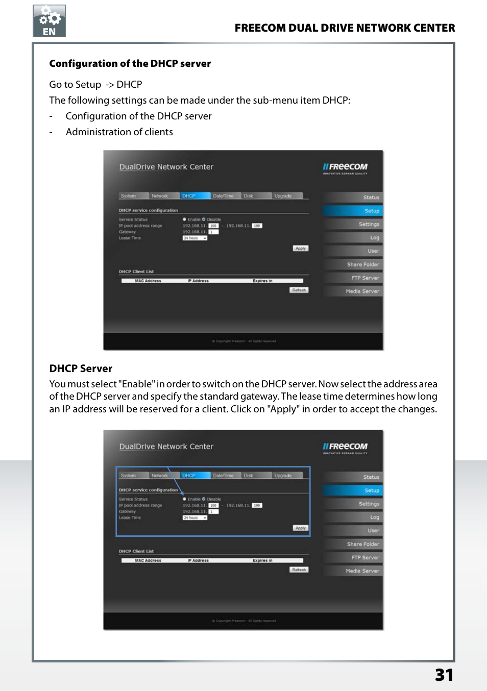 Configuration of the dhcp server | Freecom Technologies Dual Drive Network Center User Manual | Page 31 / 77