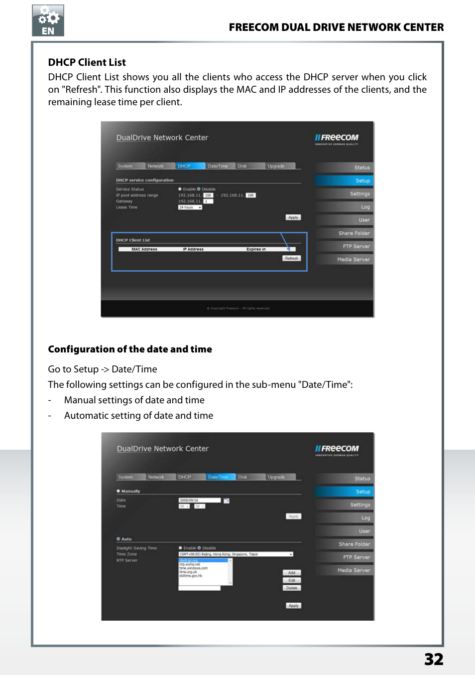 Configuration of the date and time | Freecom Technologies Dual Drive Network Center User Manual | Page 32 / 77