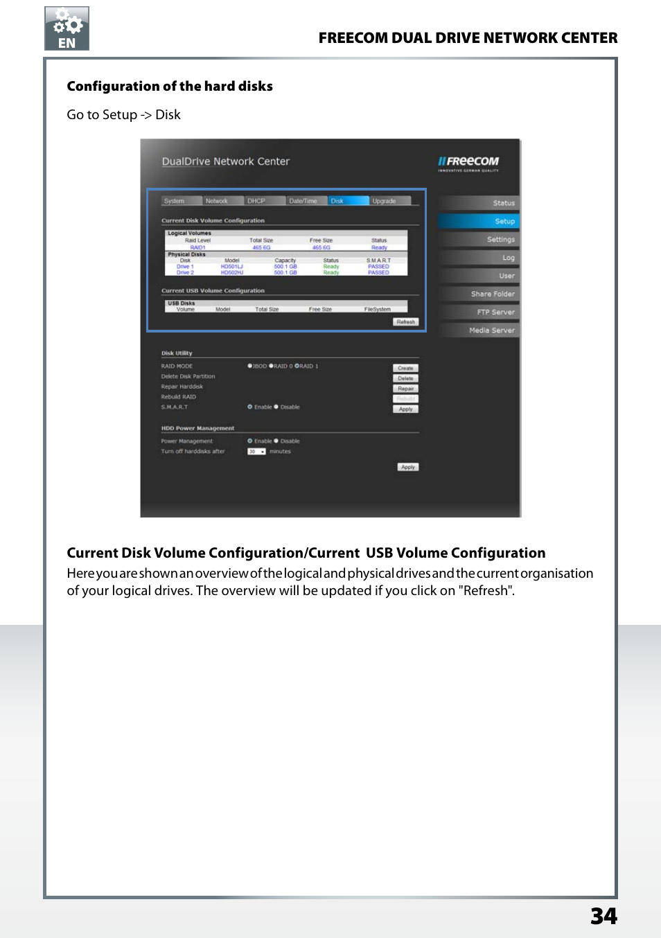 Configuration of the hard disks | Freecom Technologies Dual Drive Network Center User Manual | Page 34 / 77