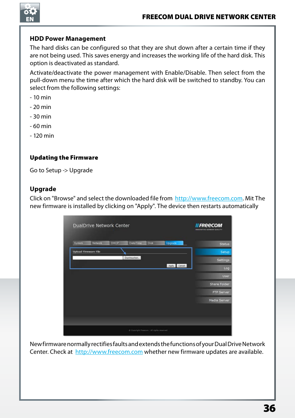 Updating the firmware | Freecom Technologies Dual Drive Network Center User Manual | Page 36 / 77