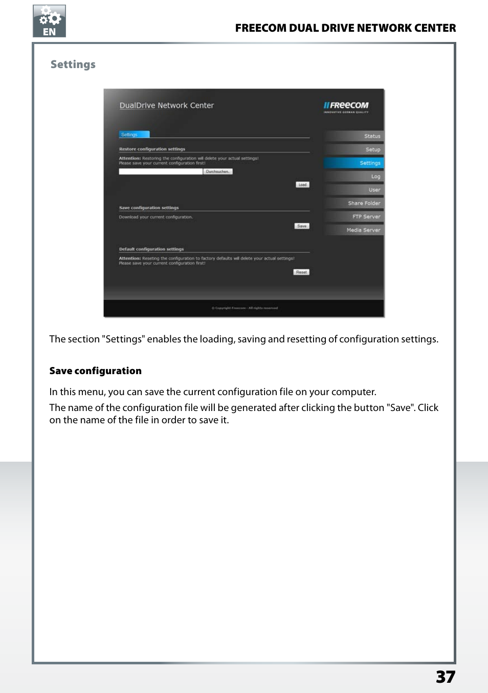 Settings, Save configuration | Freecom Technologies Dual Drive Network Center User Manual | Page 37 / 77