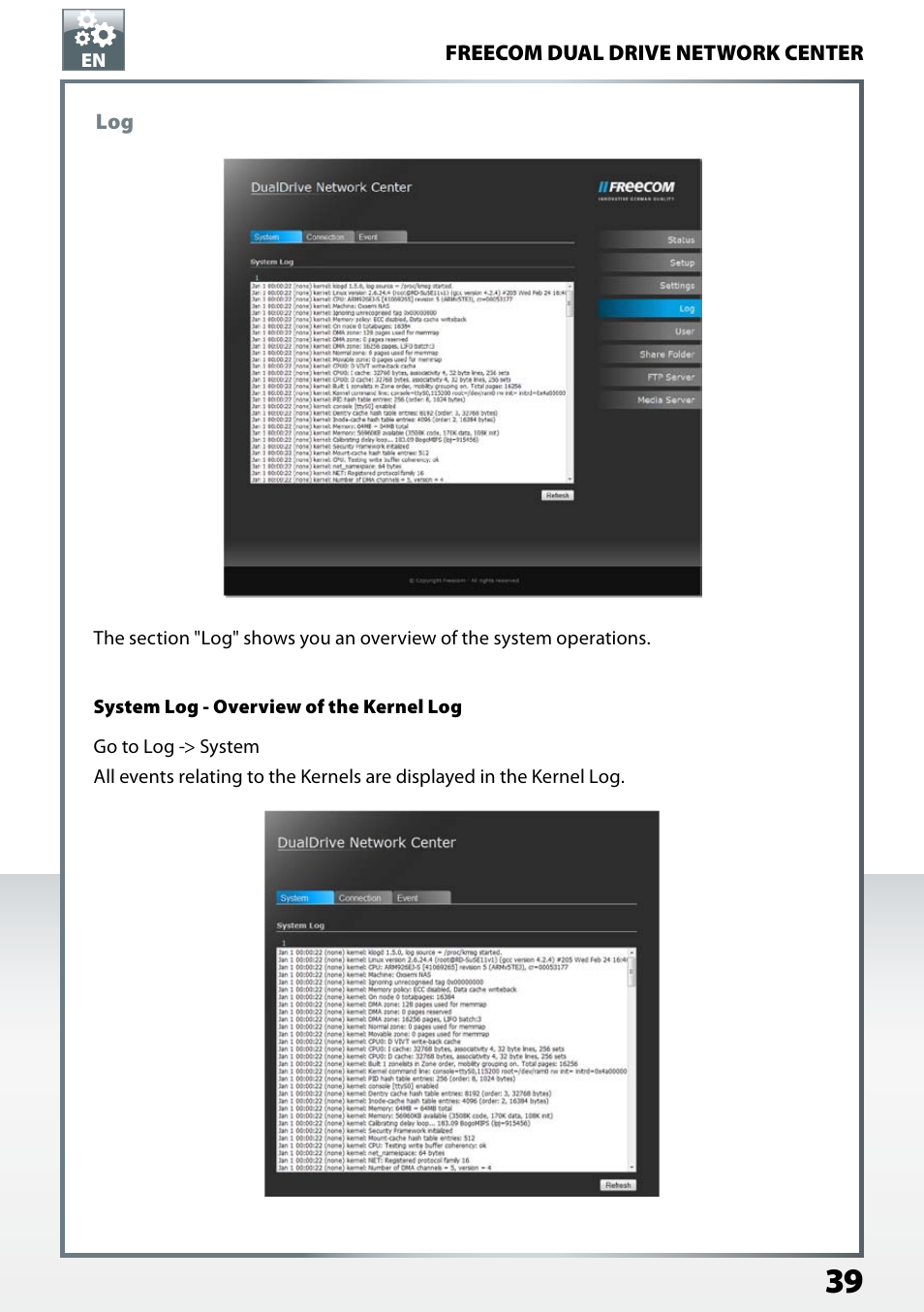System log - overview of the kernel log | Freecom Technologies Dual Drive Network Center User Manual | Page 39 / 77