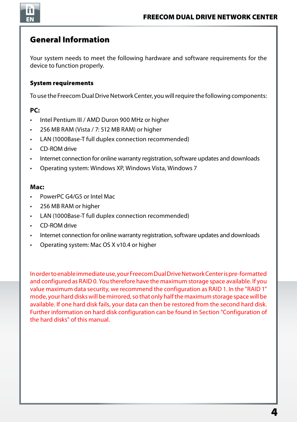 General information | Freecom Technologies Dual Drive Network Center User Manual | Page 4 / 77