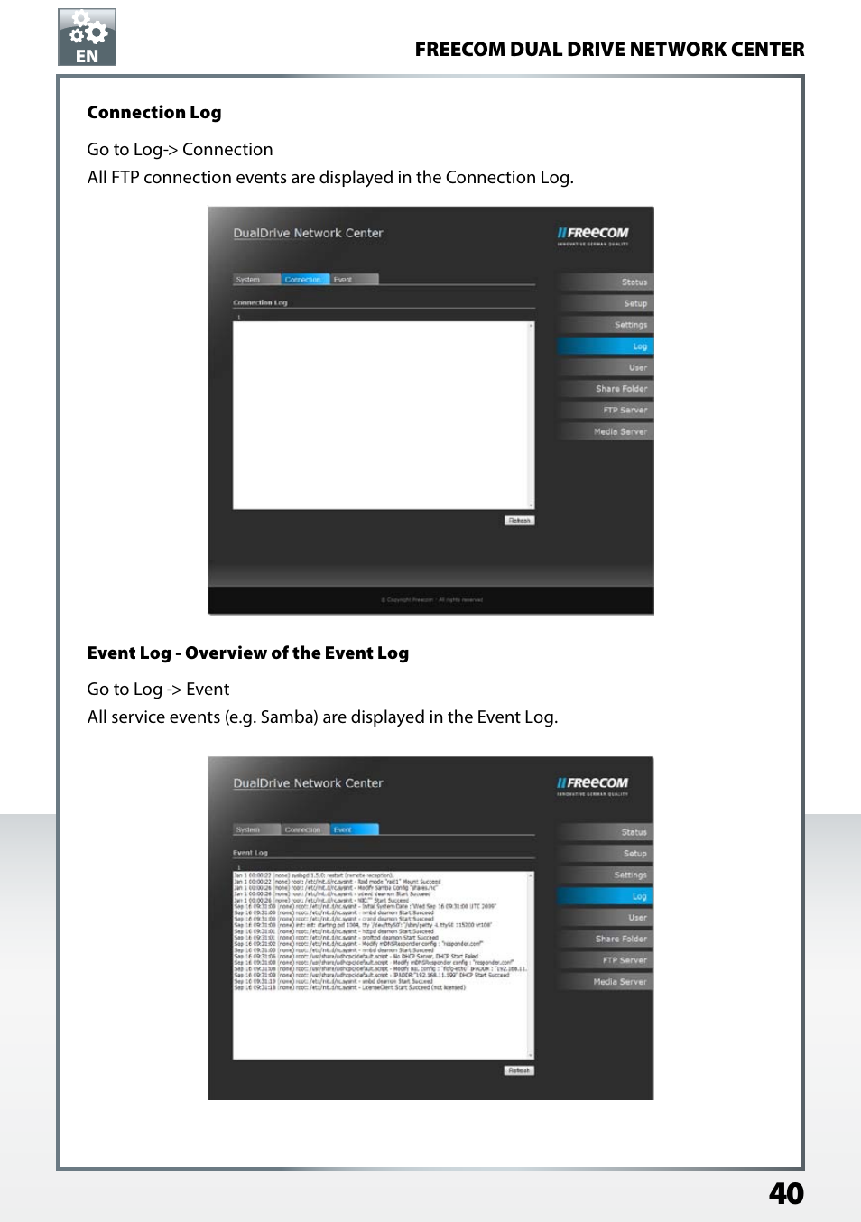Connection log, Event log - overview of the event log | Freecom Technologies Dual Drive Network Center User Manual | Page 40 / 77