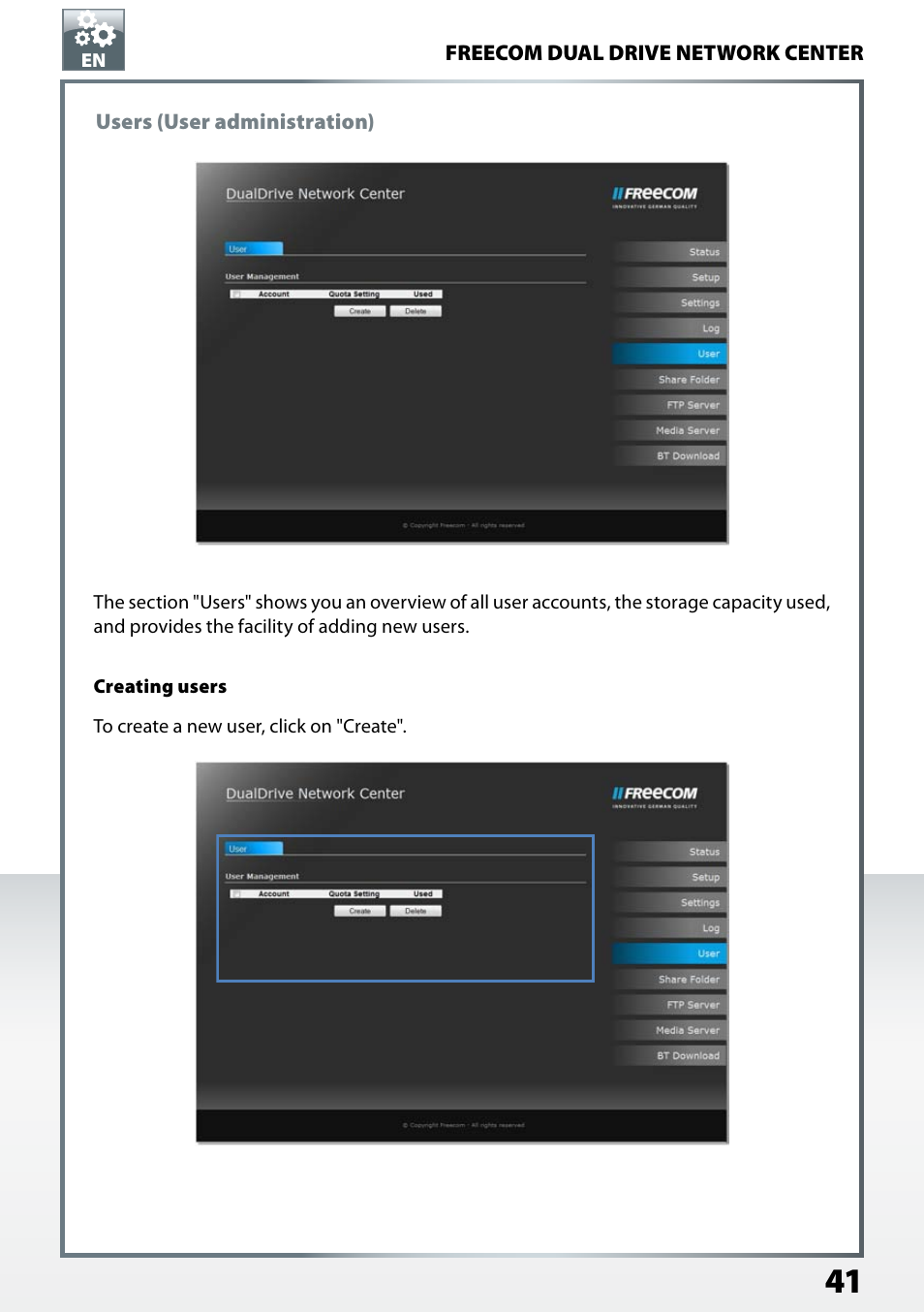 Users (user administration), Creating users | Freecom Technologies Dual Drive Network Center User Manual | Page 41 / 77