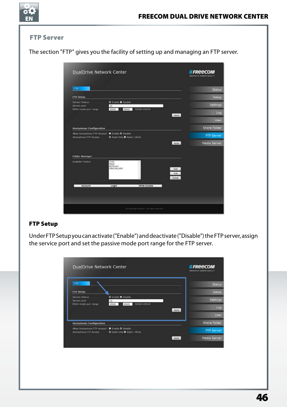 Ftp server, Ftp setup | Freecom Technologies Dual Drive Network Center User Manual | Page 46 / 77