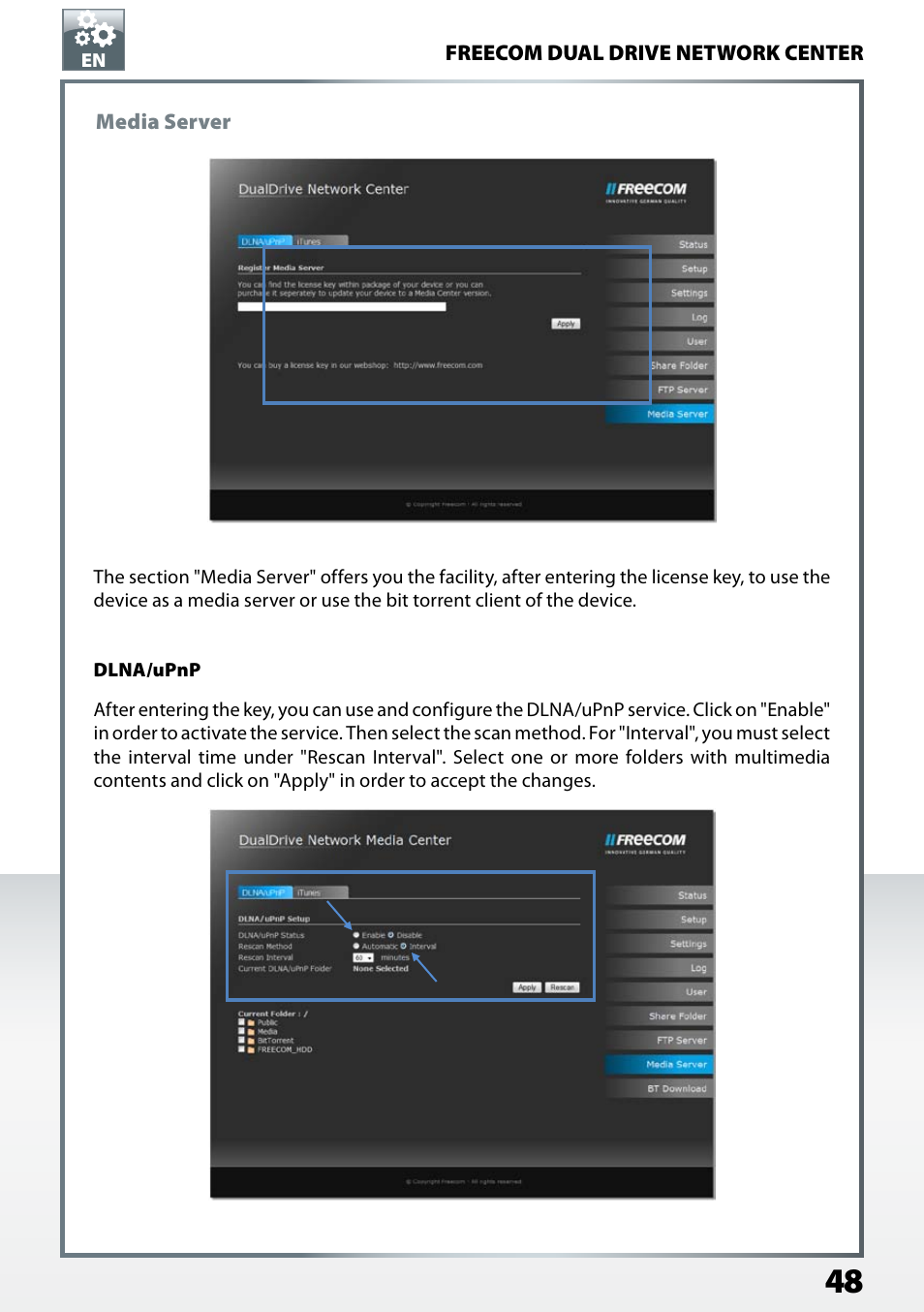 Media server, Dlna/upnp | Freecom Technologies Dual Drive Network Center User Manual | Page 48 / 77