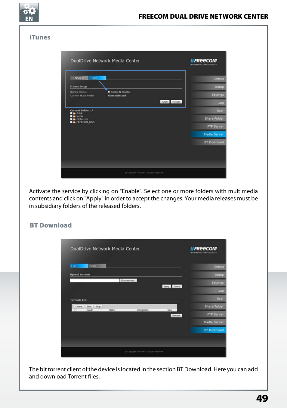 Itunes, Bt download | Freecom Technologies Dual Drive Network Center User Manual | Page 49 / 77