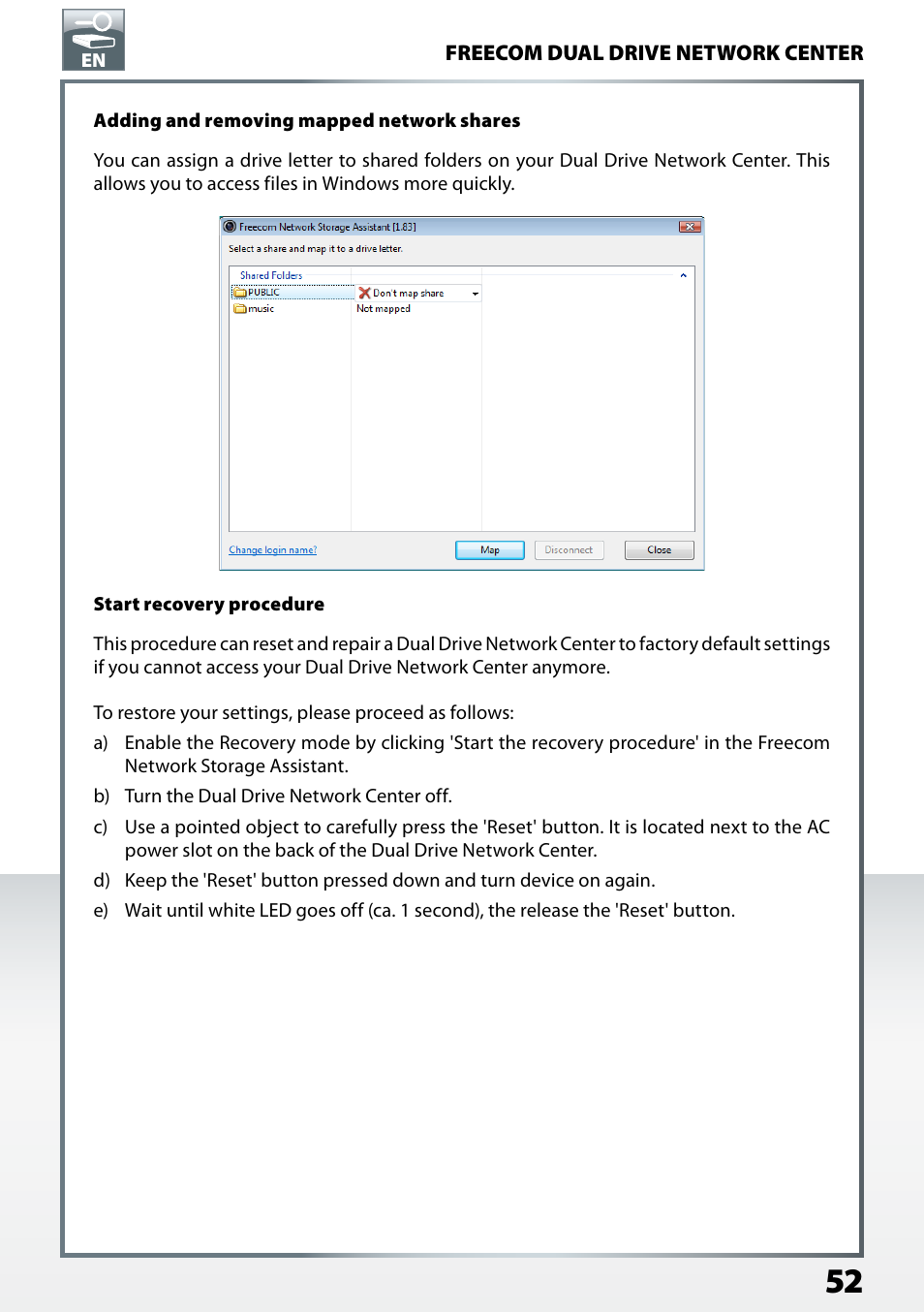 Adding and removing mapped network shares, Start recovery procedure | Freecom Technologies Dual Drive Network Center User Manual | Page 52 / 77