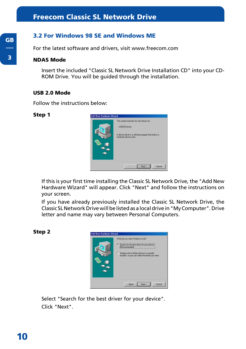 2 for windows 98 se and windows me, Ndas mode, Usb 2.0 mode | Freecom classic sl network drive | Freecom Technologies Network hard drive User Manual | Page 10 / 51