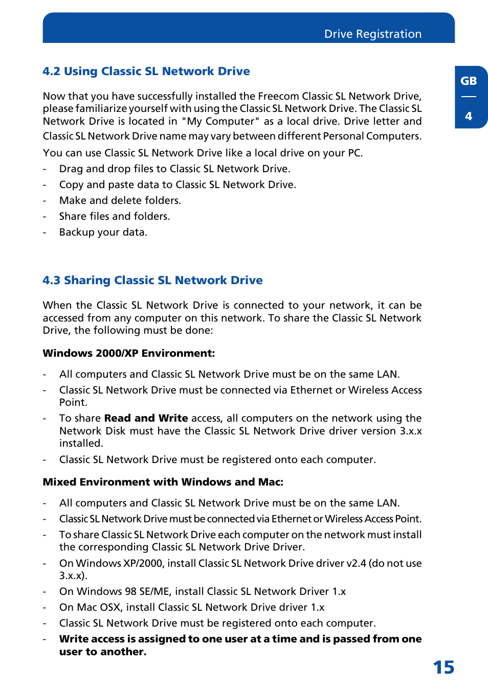 2 using classic sl network drive, 3 sharing classic sl network drive, Windows 2000/xp environment | Mixed environment with windows and mac | Freecom Technologies Network hard drive User Manual | Page 15 / 51