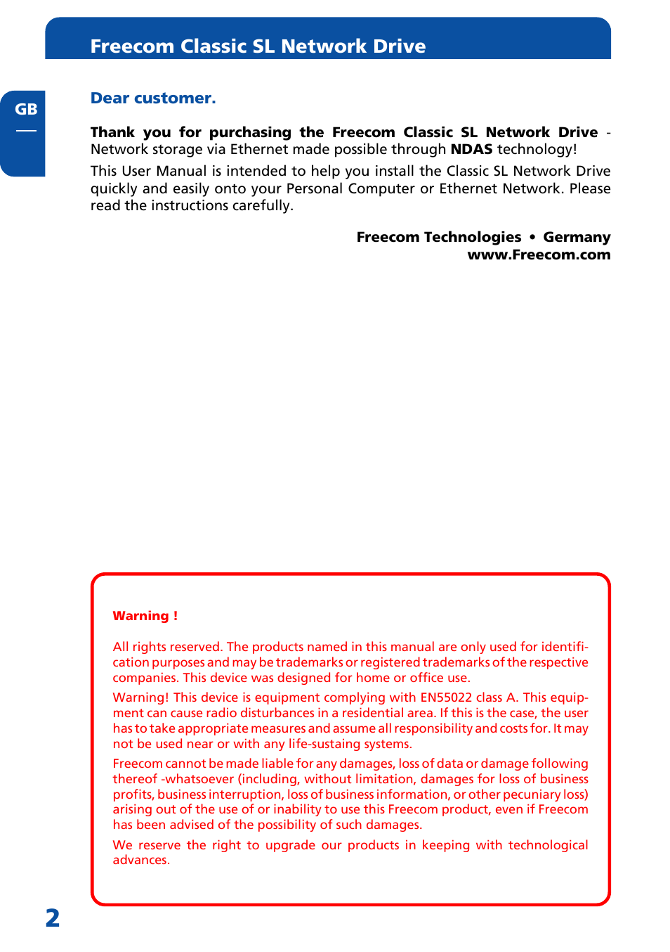 Dear user, Freecom classic sl network drive | Freecom Technologies Network hard drive User Manual | Page 2 / 51