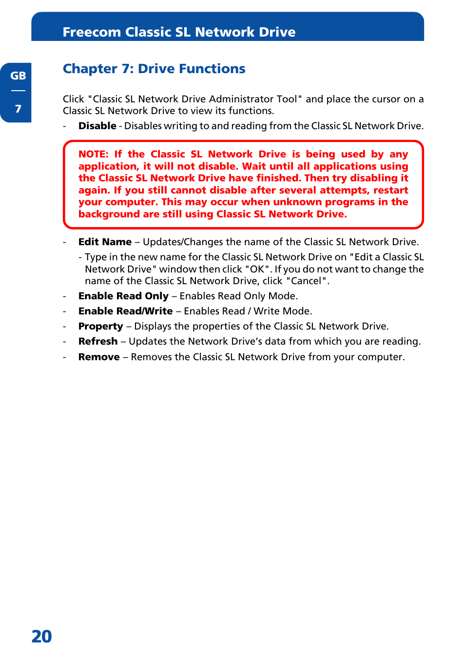 Chapter 7: drive functions, Freecom classic sl network drive | Freecom Technologies Network hard drive User Manual | Page 20 / 51