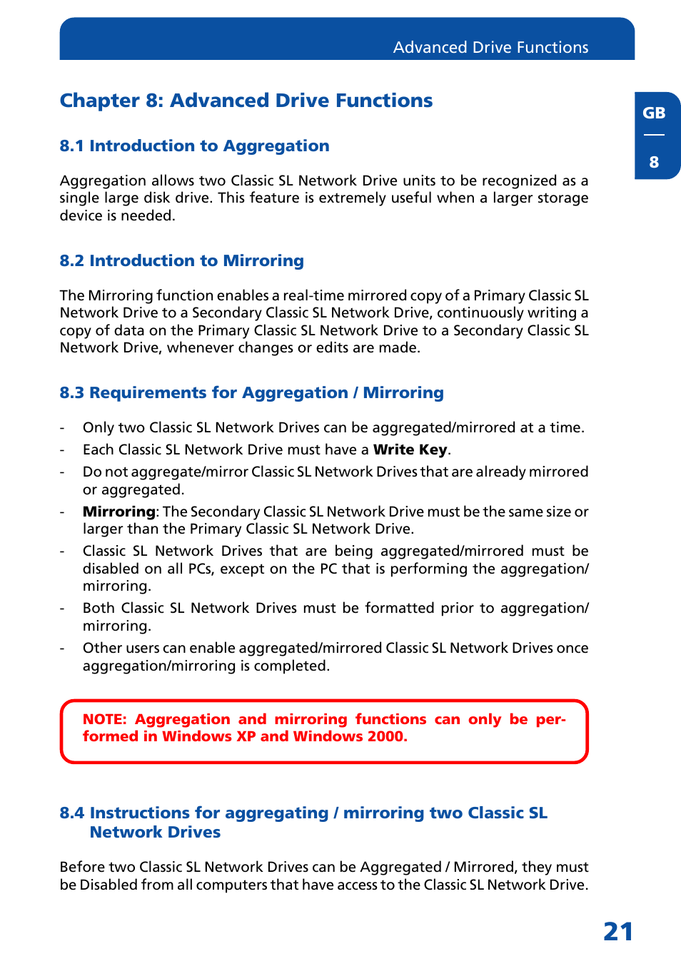 Chapter 8: advanced drive functions, 1 introduction to aggregation, 2 introduction to mirroring | 3 requirements for aggregation / mirroring | Freecom Technologies Network hard drive User Manual | Page 21 / 51