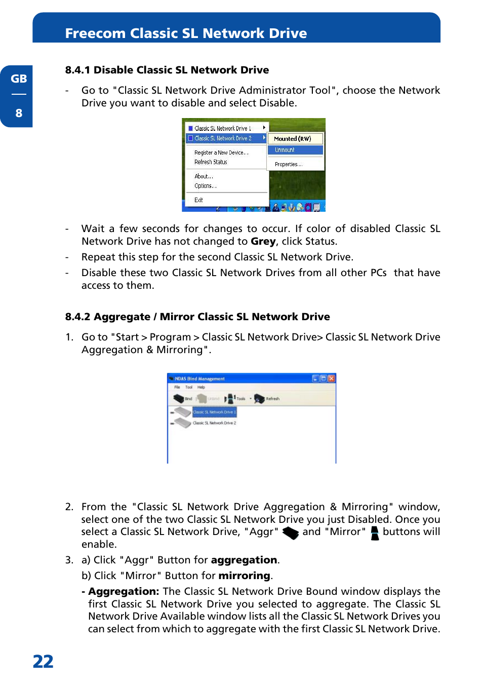 1 disable classic sl network drive, 2 aggregate / mirror classic sl network drive, Freecom classic sl network drive | Freecom Technologies Network hard drive User Manual | Page 22 / 51