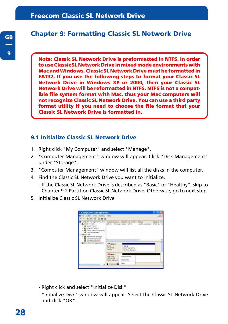 Chapter 9: formatting classic sl network drive, 1 initialize classic sl network drive, Freecom classic sl network drive | Freecom Technologies Network hard drive User Manual | Page 28 / 51