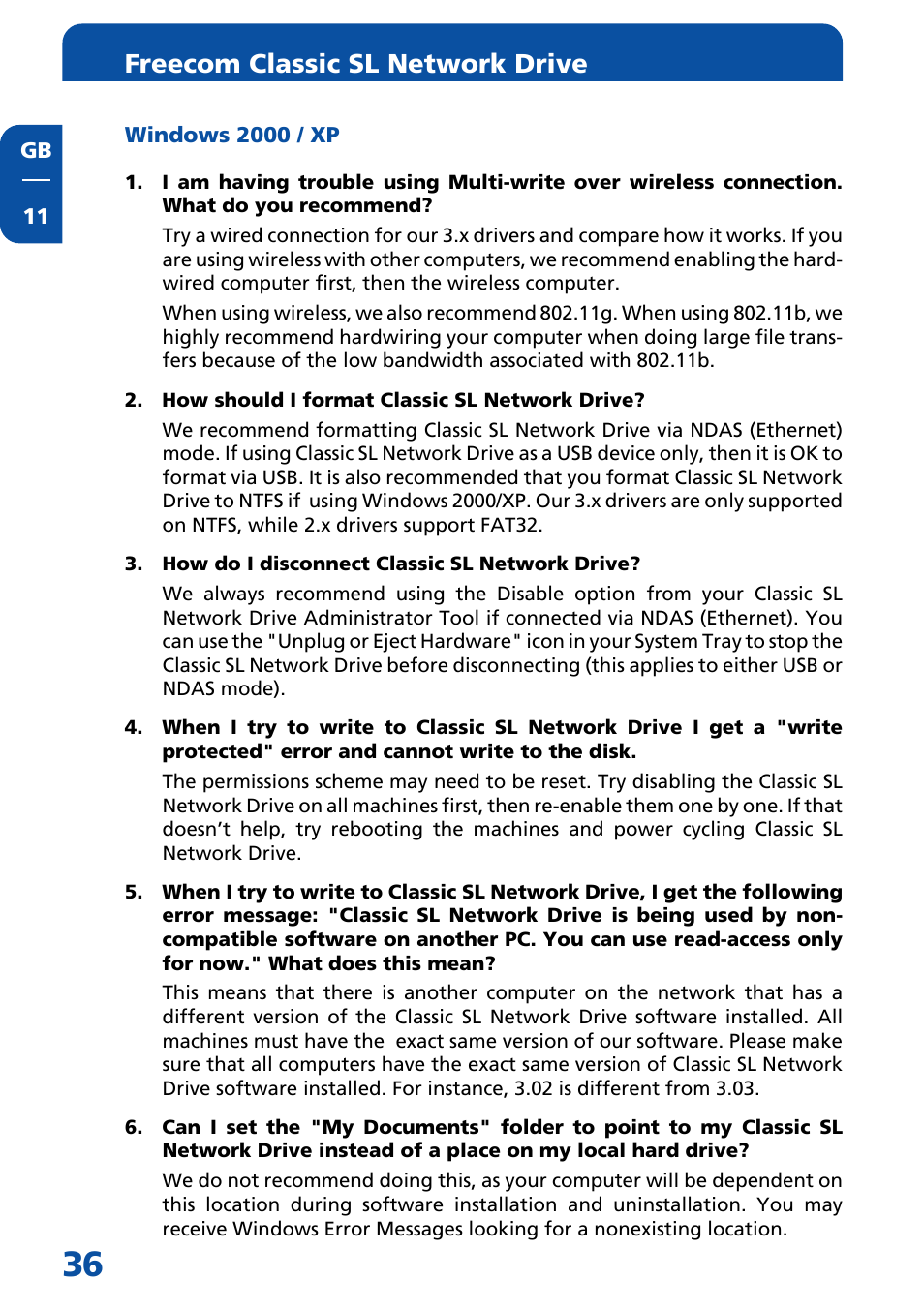 Windows 2000 / xp, Freecom classic sl network drive | Freecom Technologies Network hard drive User Manual | Page 36 / 51
