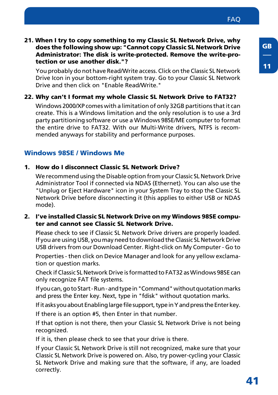 Windows 98se / windows me | Freecom Technologies Network hard drive User Manual | Page 41 / 51