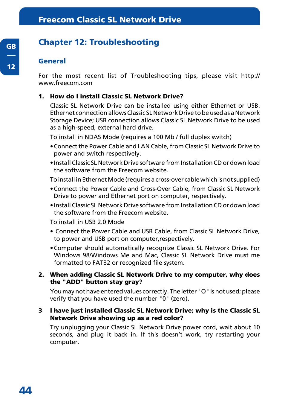 Chapter 12: troubleshooting, General, Freecom classic sl network drive | Freecom Technologies Network hard drive User Manual | Page 44 / 51