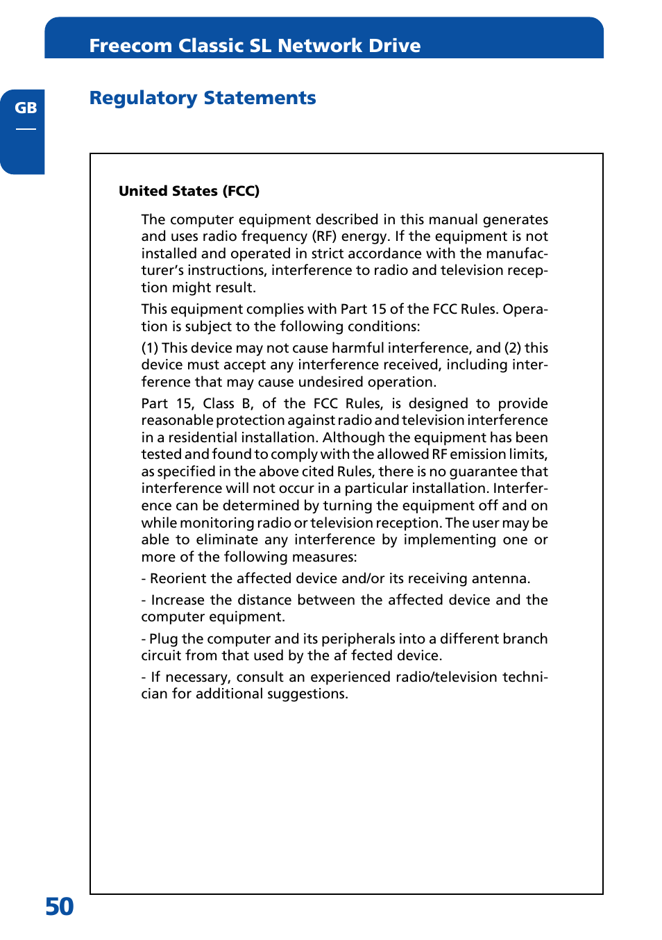 Regulatory statements, United states (fcc) | Freecom Technologies Network hard drive User Manual | Page 50 / 51