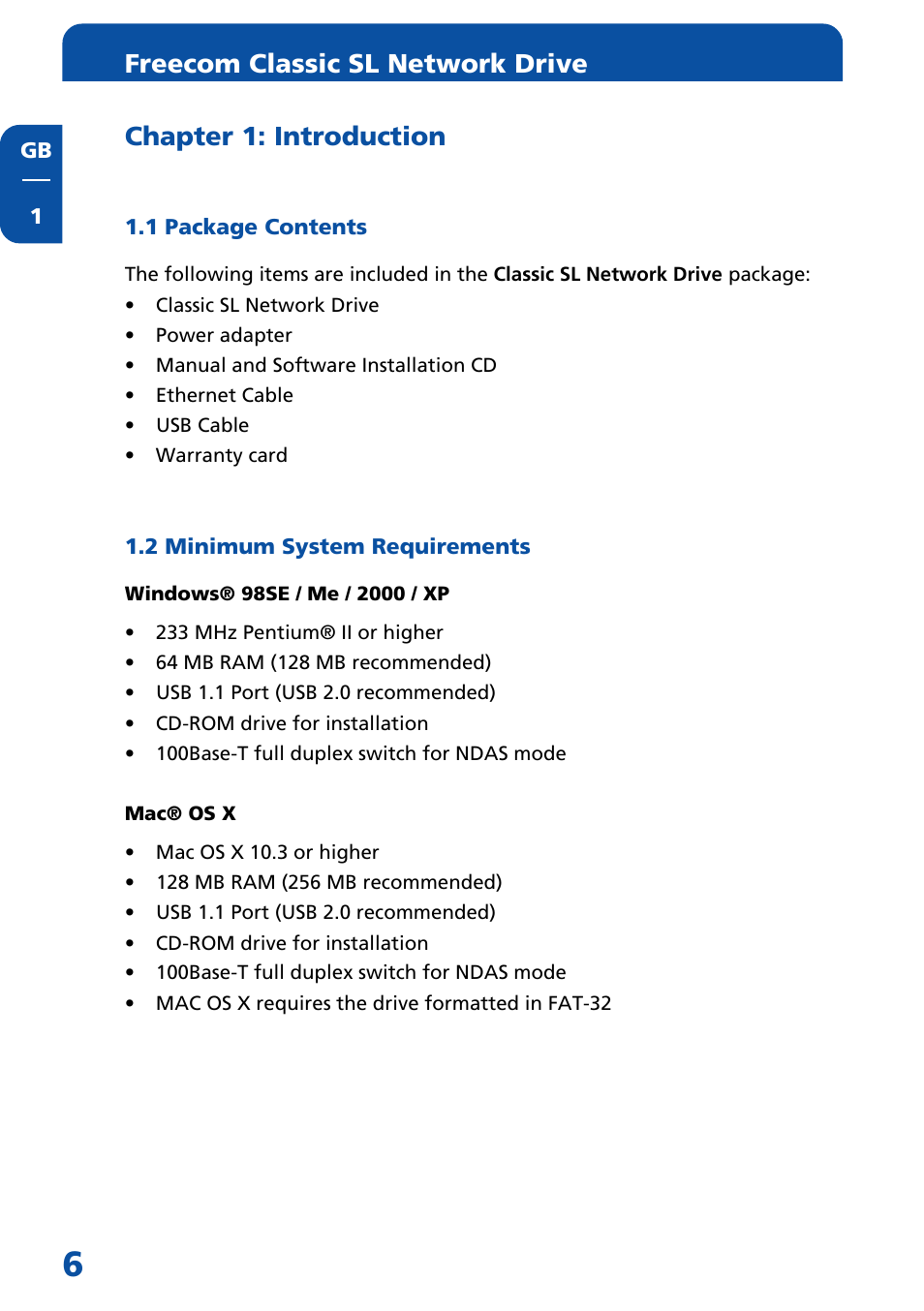Chapter 1: introduction, 1 package contents, 2 minimum system requirements | Freecom classic sl network drive | Freecom Technologies Network hard drive User Manual | Page 6 / 51