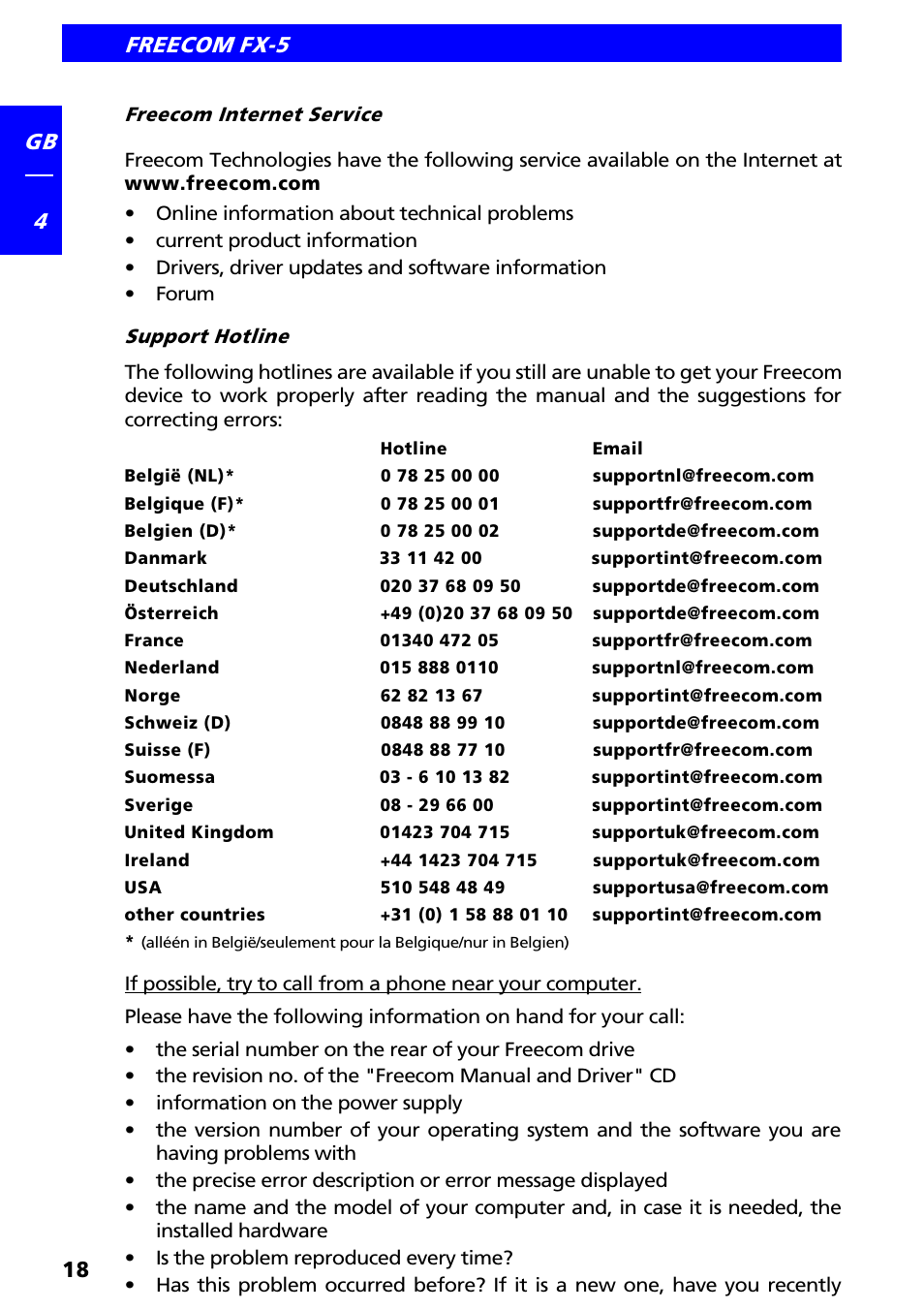 Freecom internet service & support hotline, Freecom fx-5 18 gb 4 | Freecom Technologies FX-5 User Manual | Page 18 / 18