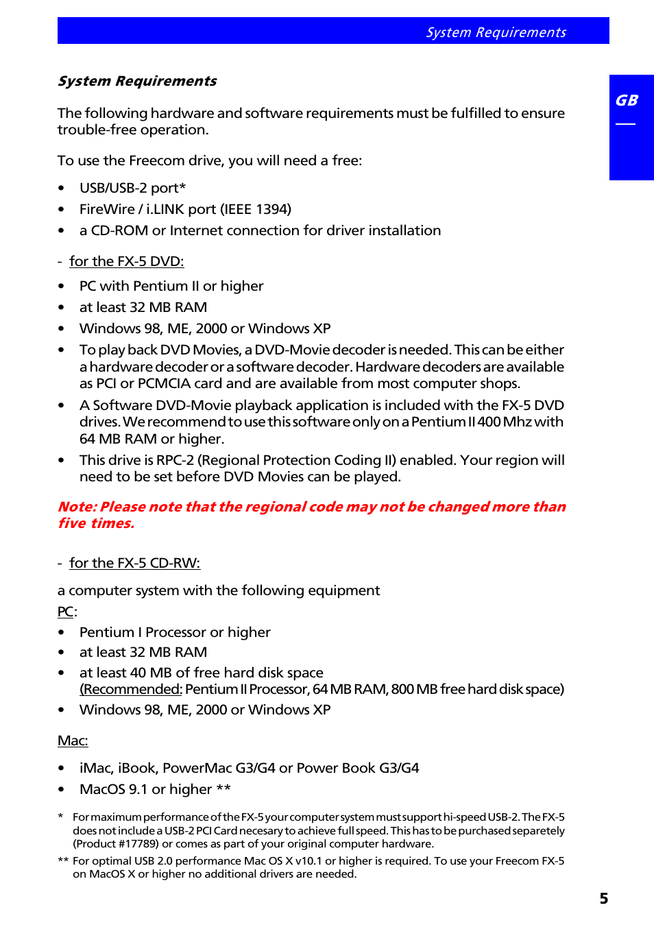 System requirements | Freecom Technologies FX-5 User Manual | Page 5 / 18