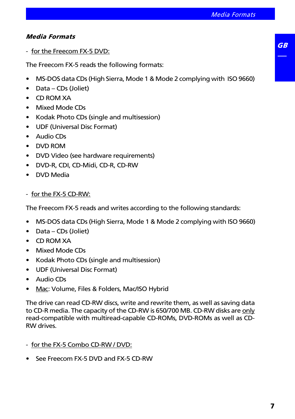 Media formats | Freecom Technologies FX-5 User Manual | Page 7 / 18